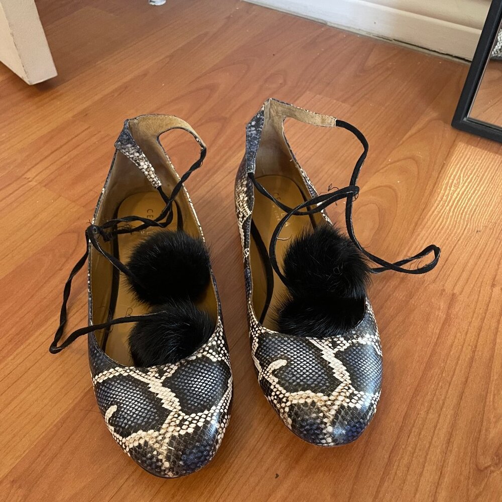 Cecelia New York Snakeskin Lace-Up Flats with Pom-Poms – Size 8.5
